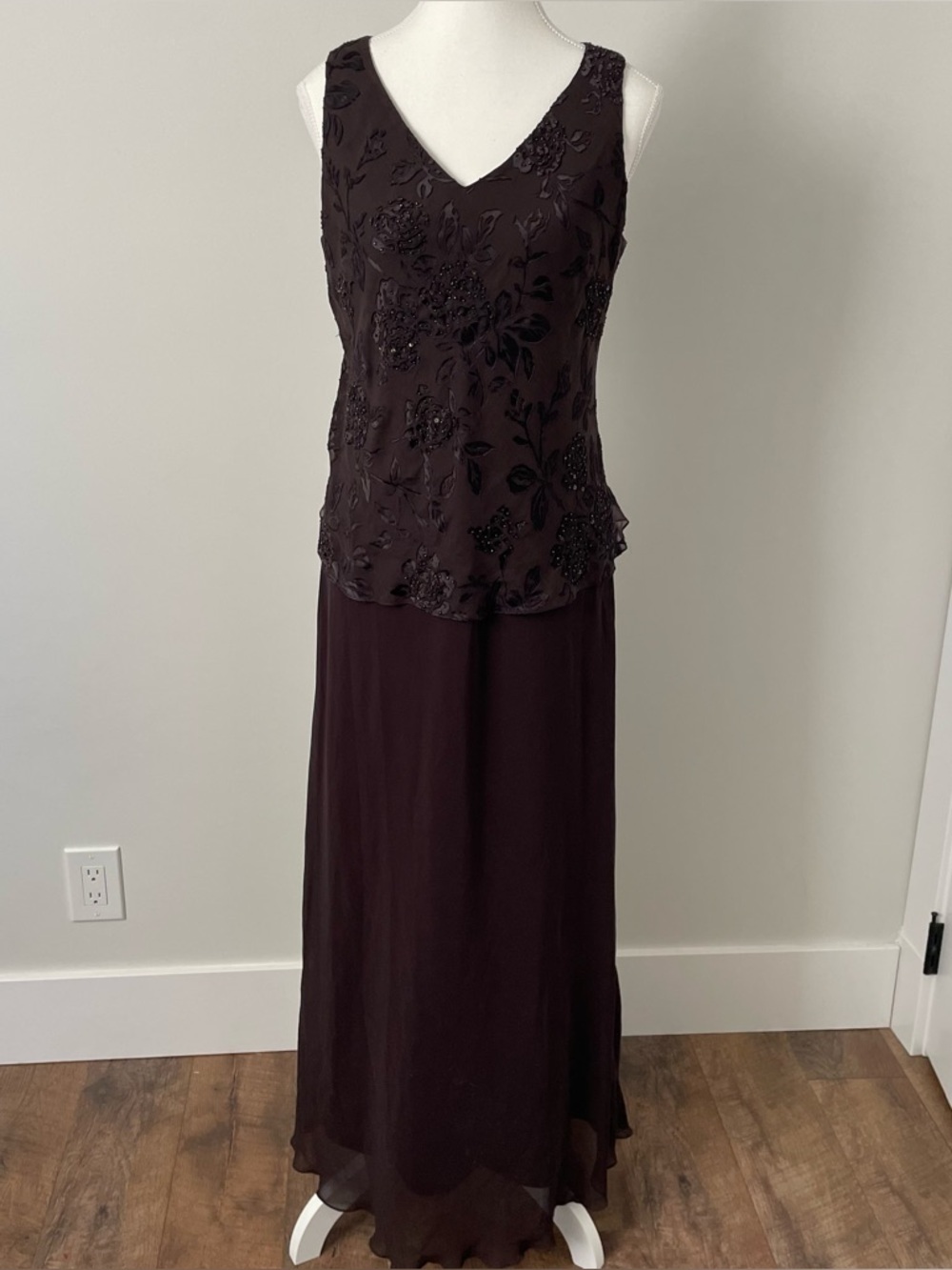 Vintage Brown Beaded Silk Blend Midi Dress Formal Sleeveless Event Prom Size 12